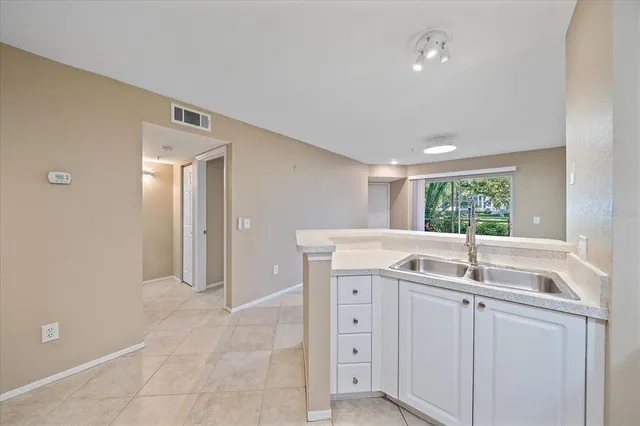 a kitchen with a sink and cabinets