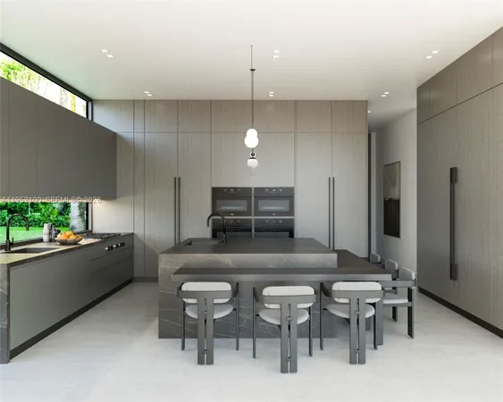 a kitchen with a table chairs sink and refrigerator