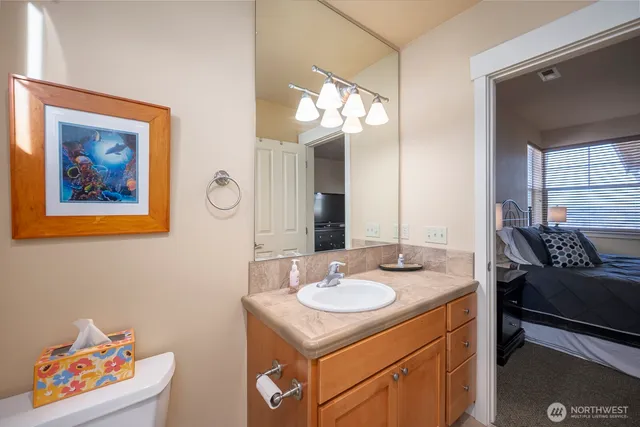 a bathroom with a sink vanity and a mirror
