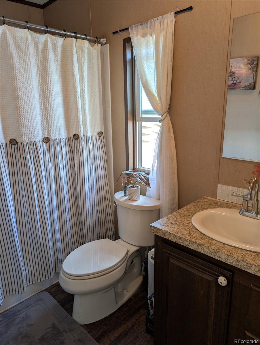 19 Danny Street Castle Rock, CO 80109 - Photo 18 of 33 a bathroom with a granite countertop sink toilet and a mirror