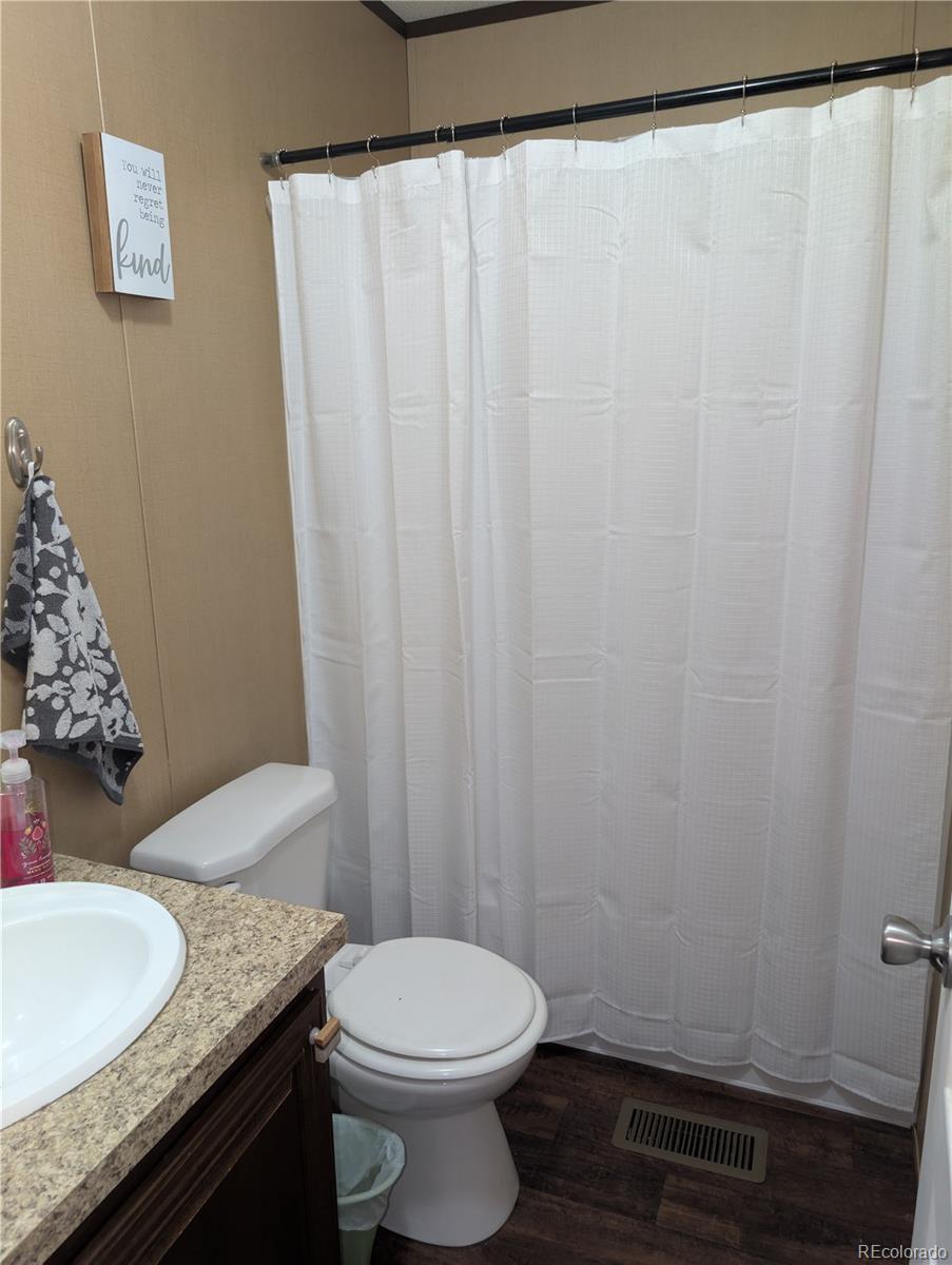 19 Danny Street Castle Rock, CO 80109 - Photo 20 of 33 a bathroom with a granite countertop sink and a toilet
