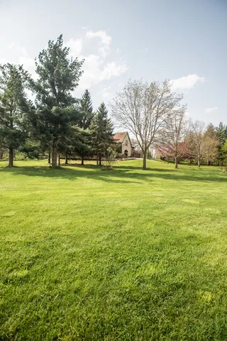 a view of a house with backyard and trees