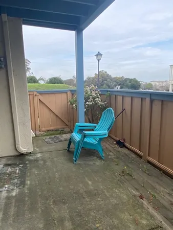 a garden view with a seating space