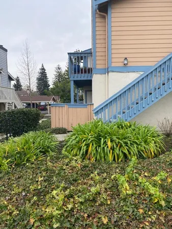 a view of a house with a flower garden