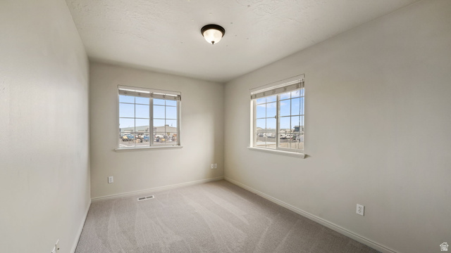 983 South 1850th Street West Springville, UT 84663 - Photo 14 of 30 Neutral-toned interior room featuring two large windows with grid patterns, light gray carpeting, and a ceiling-mounted light fixture