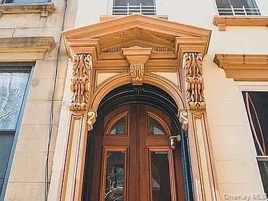 a view of a building with a door