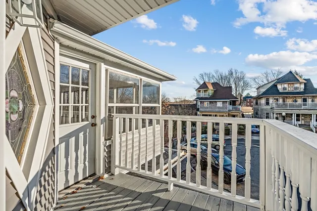 a view of a building from a balcony