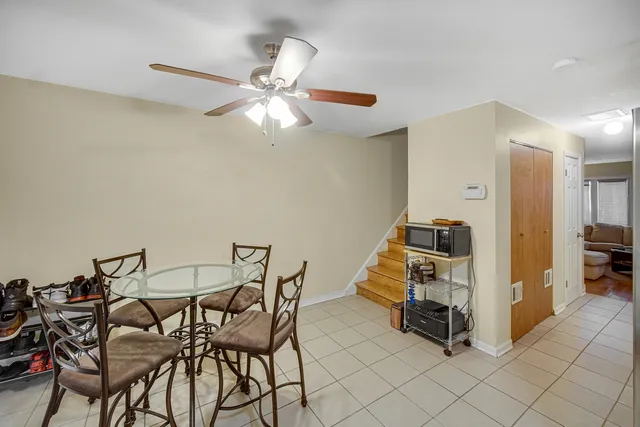 a view of a dining room with furniture