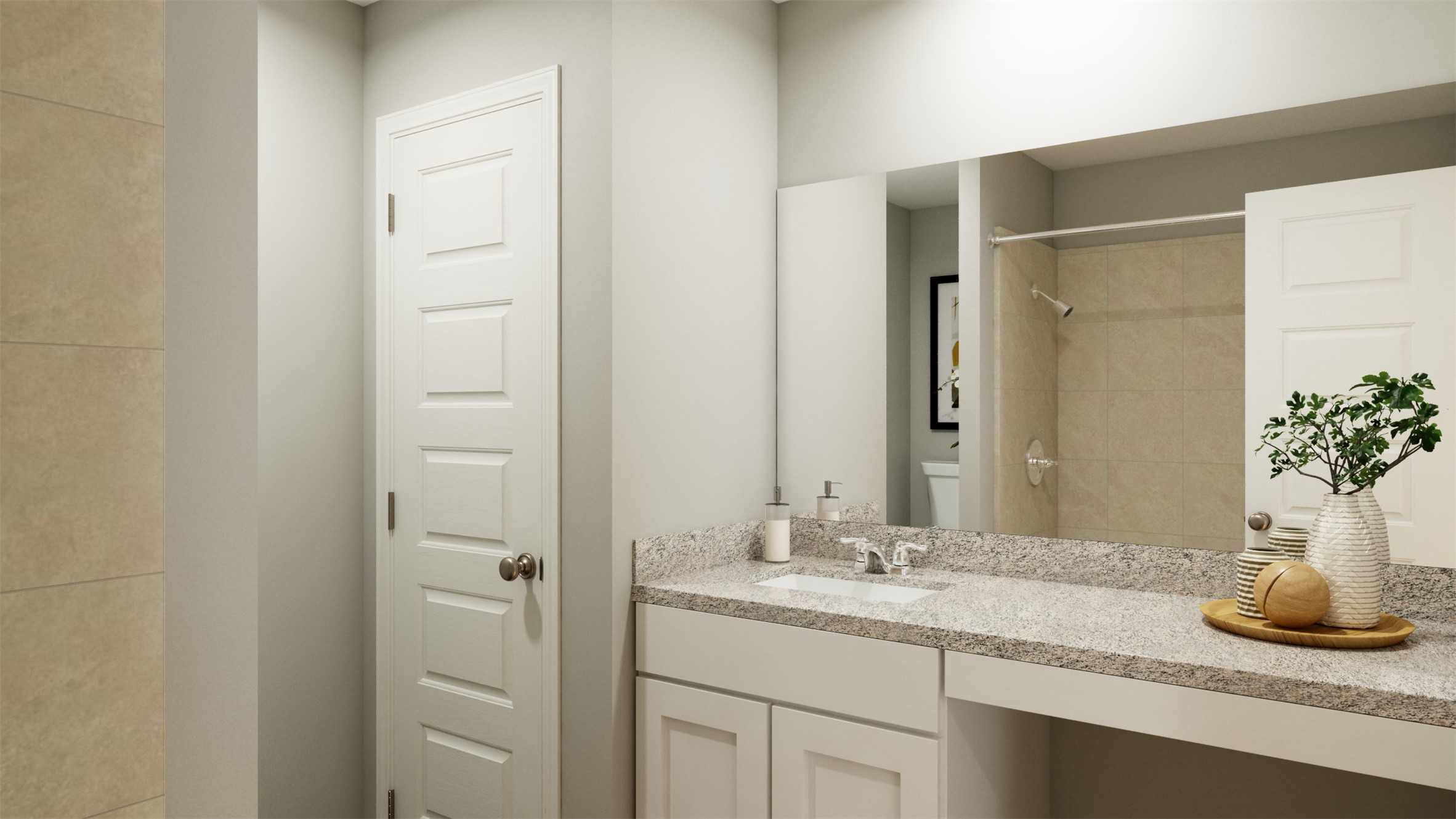 12123 Walden Road Montgomery, TX 77356 - Photo 25 of 32 a bathroom with a granite countertop sink and a mirror