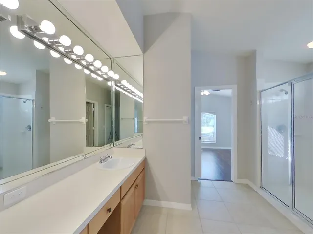 a bathroom with a sink shower and a mirror