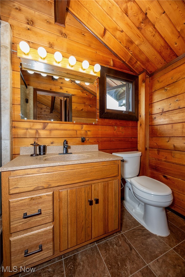 55901 Deep Run Road Martins Ferry, OH 43935 - Photo 30 of 50 Bathroom featuring vaulted ceiling, wood walls, toilet, vanity, and tile patterned floors