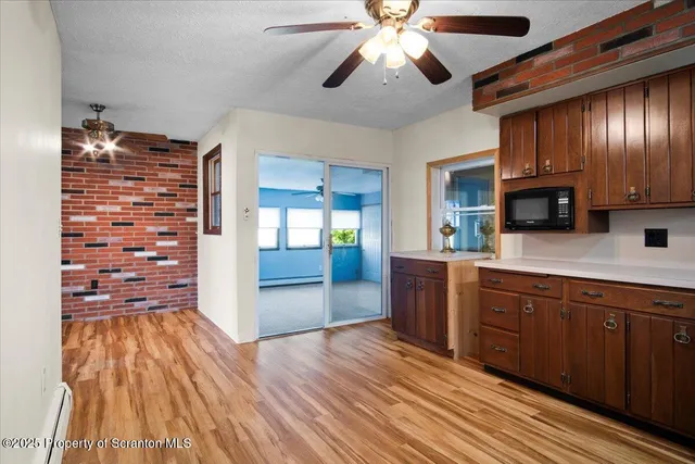 a room with stairs and a table