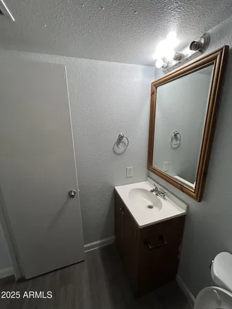 a bathroom with a sink a toilet and mirror