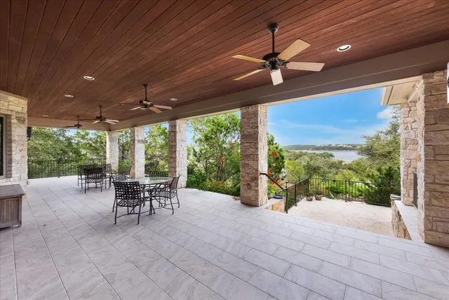 a building outdoor space with patio furniture