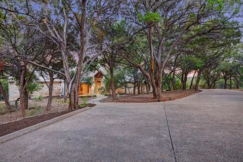 a view of tree in front of a house with large trees