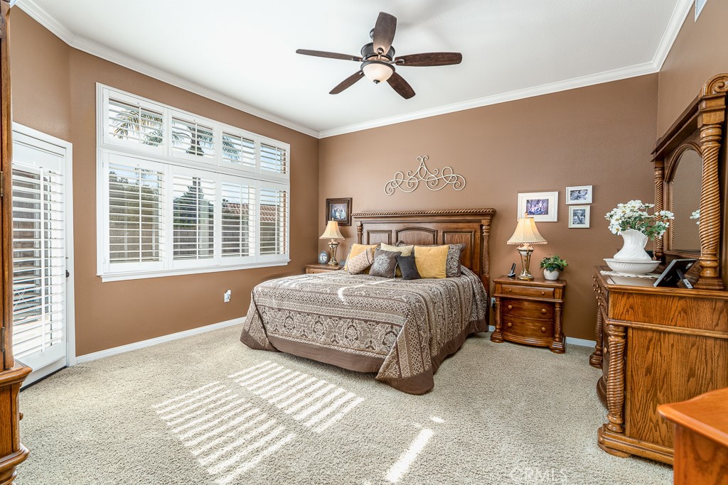 1877 Cashew Tree Street Hemet, CA 92545 - Photo 16 of 32 a bedroom with a large bed and a chandelier fan