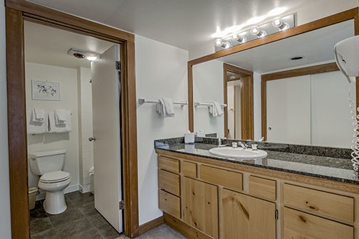 22340 Highway 6, Unit 1785 Keystone, CO 80435 - Photo 14 of 28 a en suite bathroom with a granite countertop sink toilet and mirror