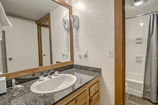 22340 Highway 6, Unit 1785 Keystone, CO 80435 - Photo 16 of 28 a bathroom with a granite countertop sink and a mirror