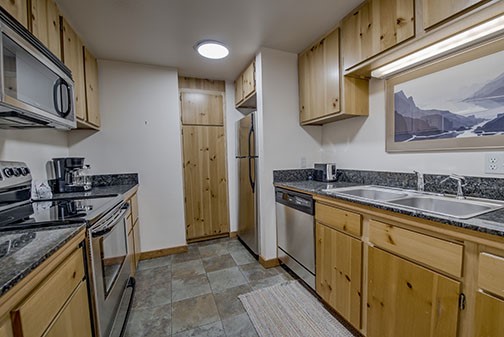22340 Highway 6, Unit 1785 Keystone, CO 80435 - Photo 9 of 28 a kitchen with stainless steel appliances granite countertop a sink stove and refrigerator