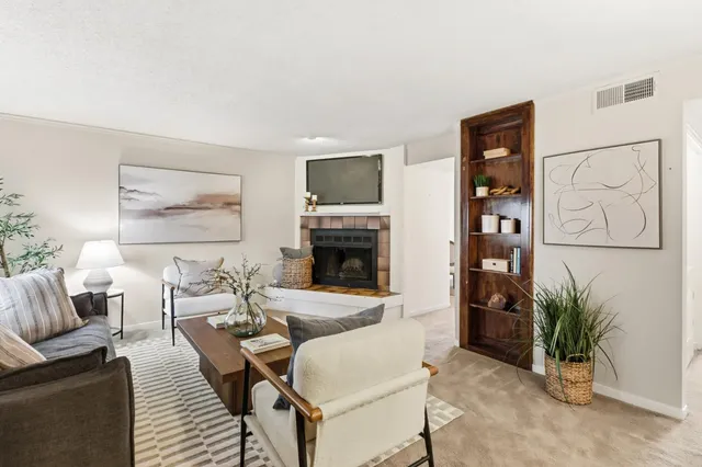 a living room with furniture a flat screen tv and a fireplace