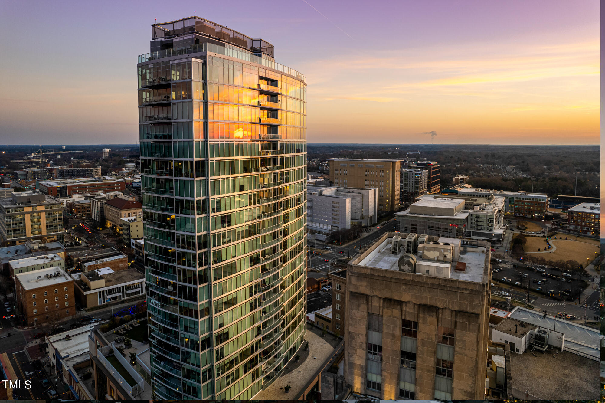 a city view with tall buildings