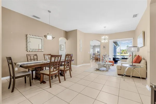 a view of a dining room with furniture