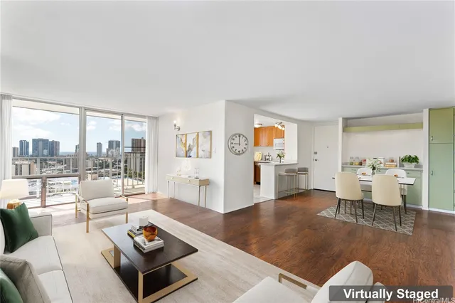 a living room with furniture and a table