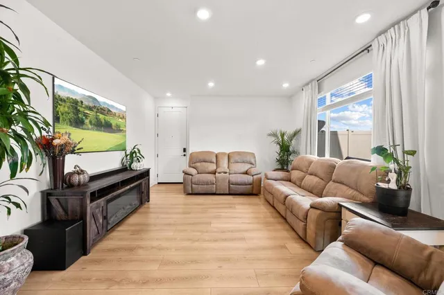 a living room with furniture and a potted plant