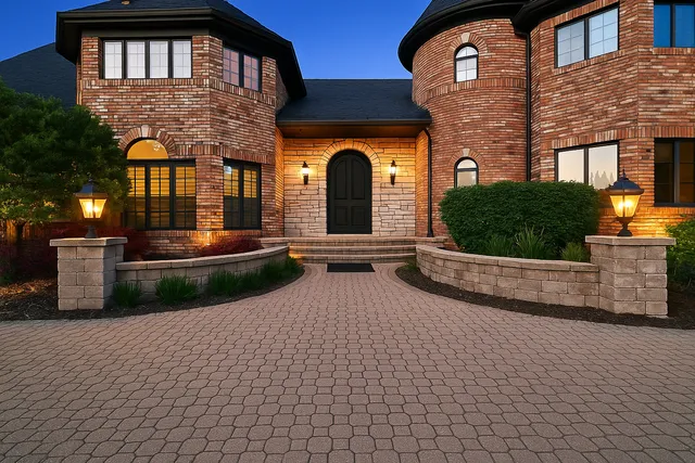 a view of a brick house with many windows