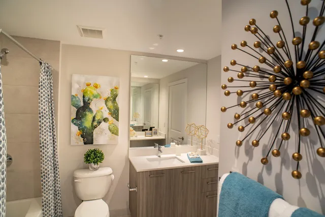 a bathroom with a sink mirror vanity and toilet