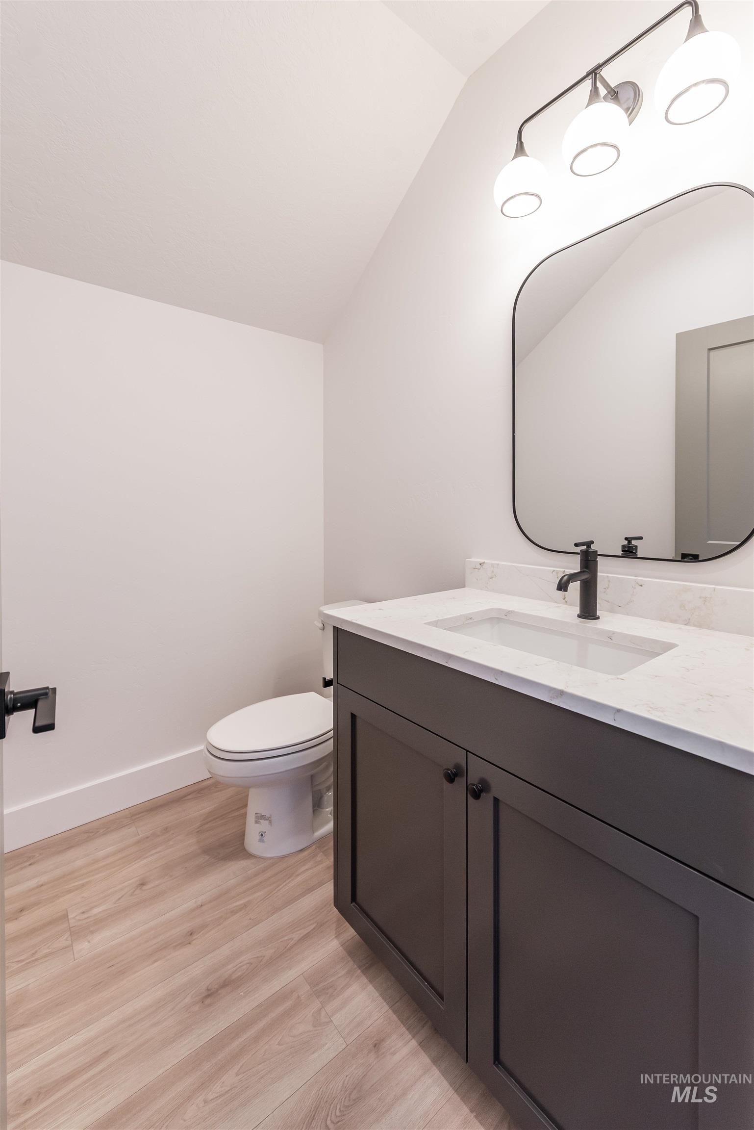 410 South Diesel Way Boise, ID 83716 - Photo 22 of 49 Half bath featuring vanity, vaulted ceiling, and light wood-type flooring