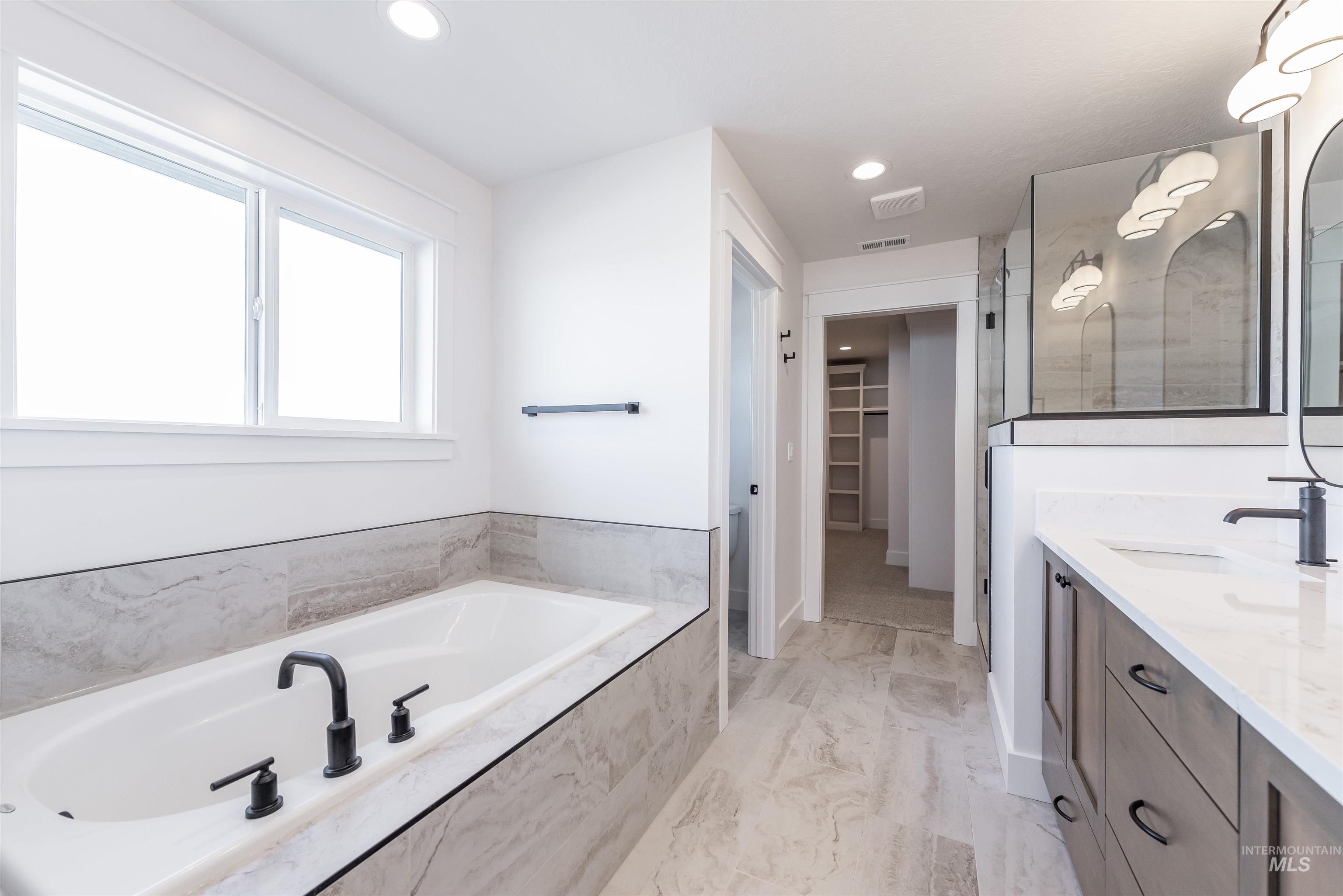 410 South Diesel Way Boise, ID 83716 - Photo 28 of 49 Bathroom with a walk in closet, double vanity, a bath, recessed lighting, and a marble finish shower