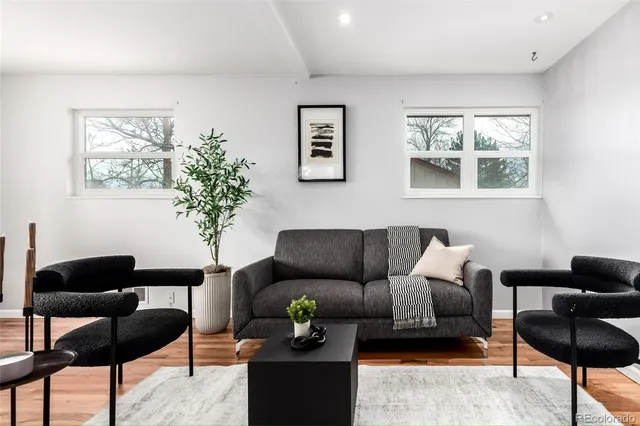 a living room with furniture and a potted plant