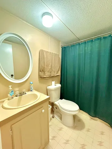 a bathroom with a toilet sink vanity mirror and bathtub