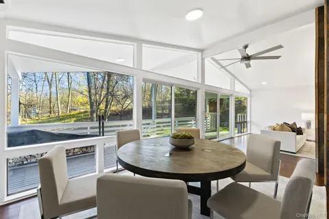 a view of a dining room with furniture window and outside view