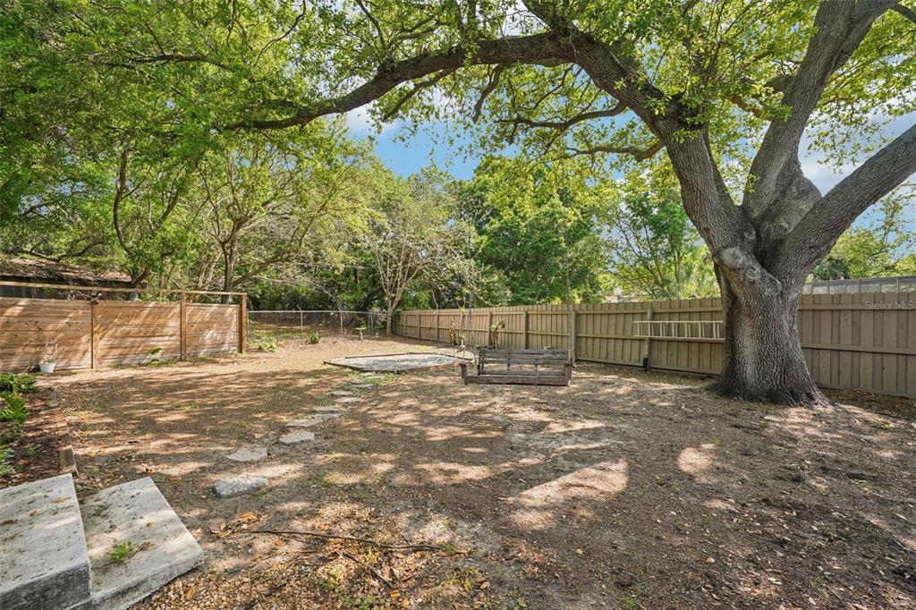 3109 Lake Valencia Lane East Palm Harbor, FL 34684 - Photo 39 of 59 a backyard of a house with large trees and a wooden fence