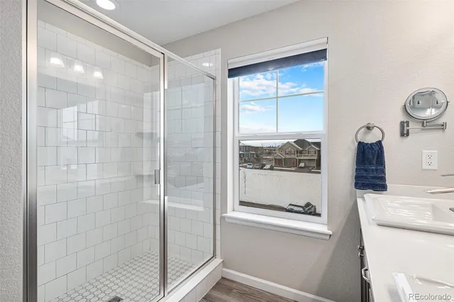 a bathroom with a shower and a sink