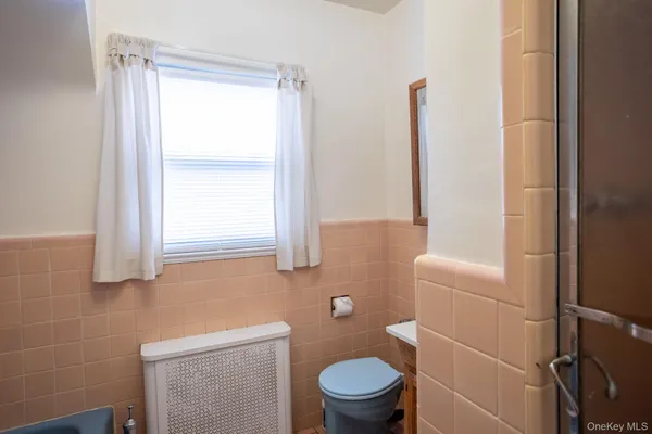 a bathroom with a toilet a window and tub