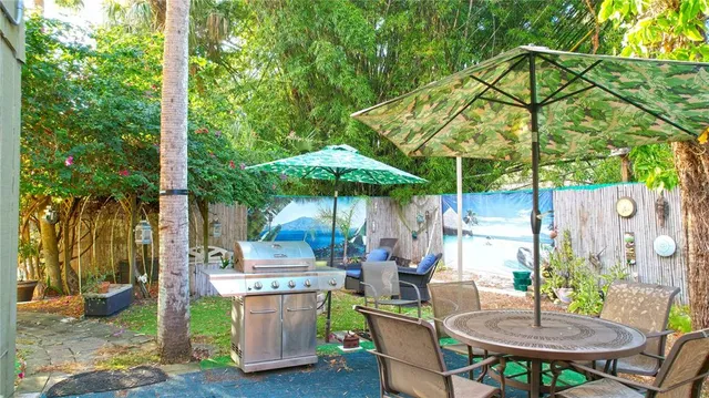 a view of a chairs and table in backyard