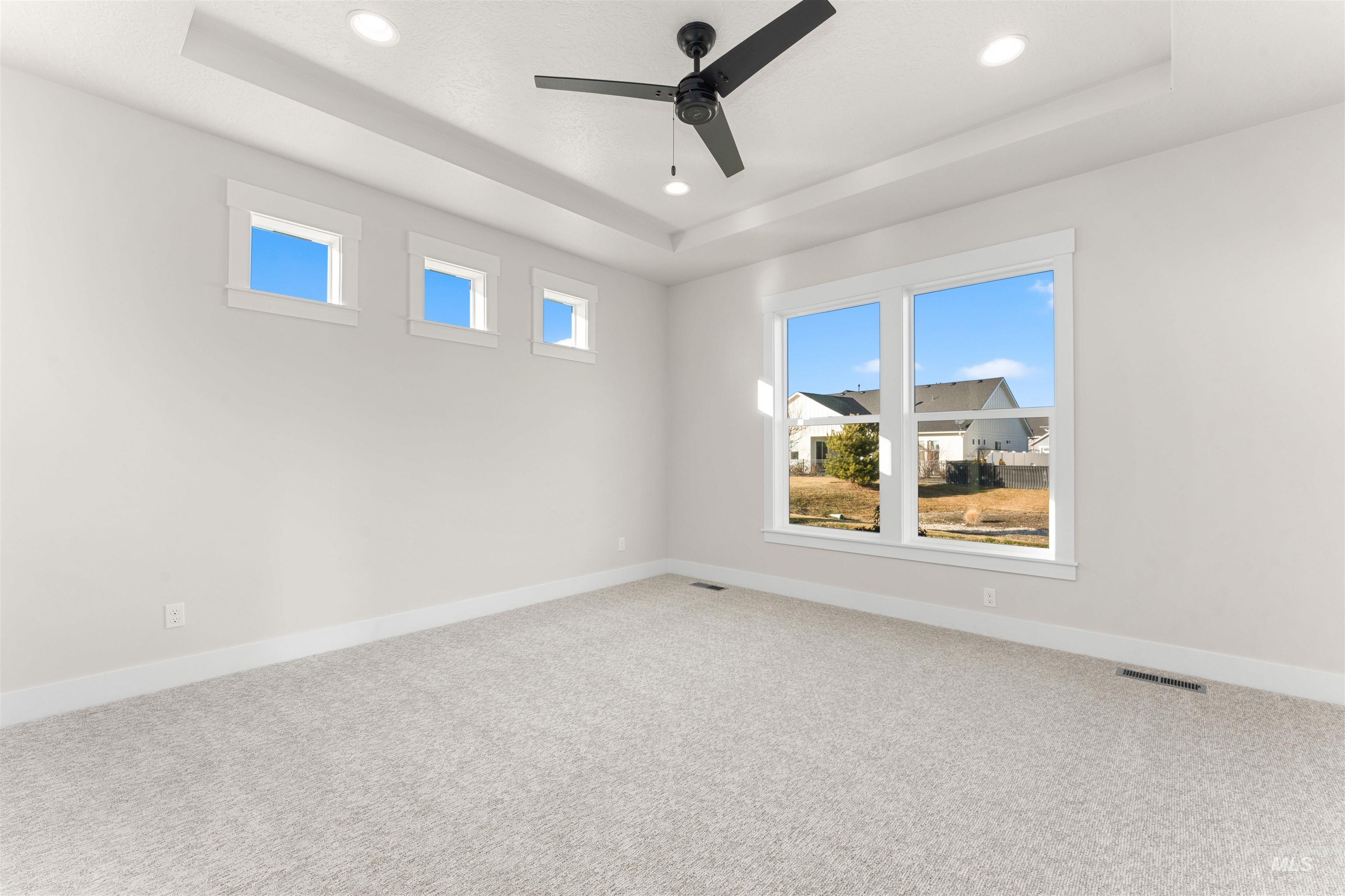 8076 Tandy Cv Street Middleton, ID 83644 - Photo 17 of 41 Spare room featuring a ceiling fan, carpet flooring, a tray ceiling, plenty of natural light, and recessed lighting