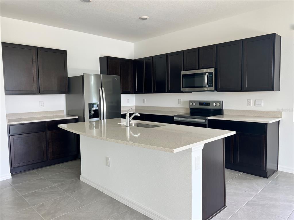 137 Mangrove Shade Circle Apollo Beach, FL 33572 - Photo 16 of 31 a kitchen with stainless steel appliances a refrigerator a stove a sink and cabinets