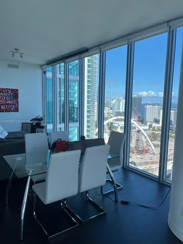 a view of a dining room with furniture window and outside view