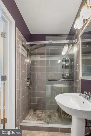a bathroom with a shower and a sink