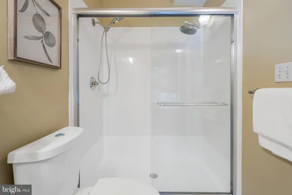 a bathroom with a shower and a toilet
