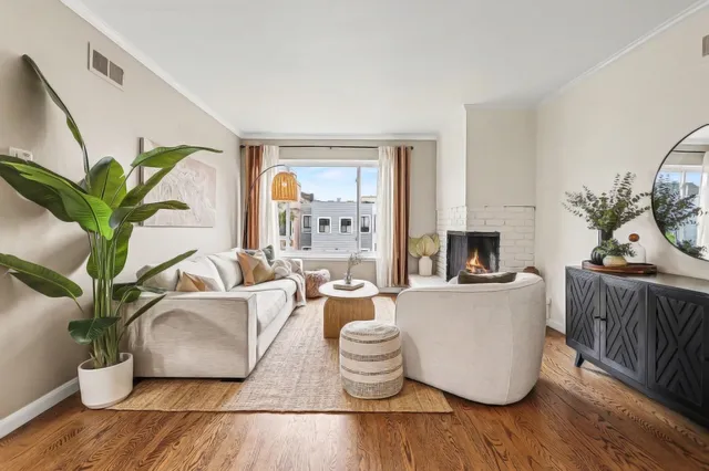a living room with furniture and a potted plant
