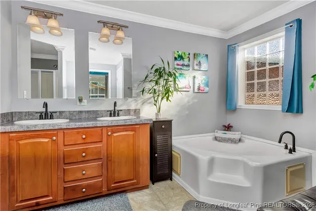 a spacious bathroom with a granite countertop tub sink and mirror