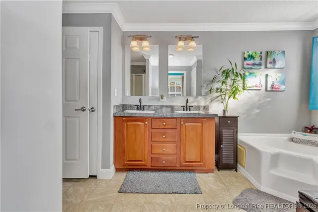 a bathroom with a tub sink and mirror