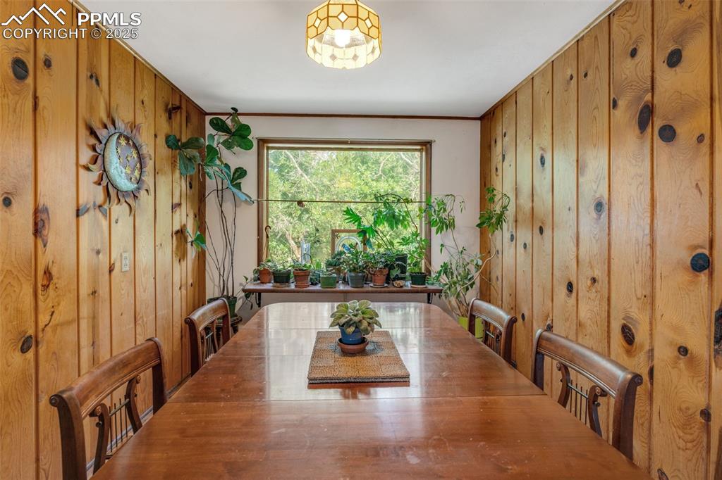 4415 Heizer Street Cascade, CO 80809 - Photo 10 of 50 Dining room with wood paneled walls and large window letting in natural light