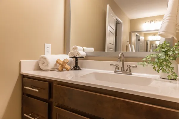a bathroom with a sink and a mirror