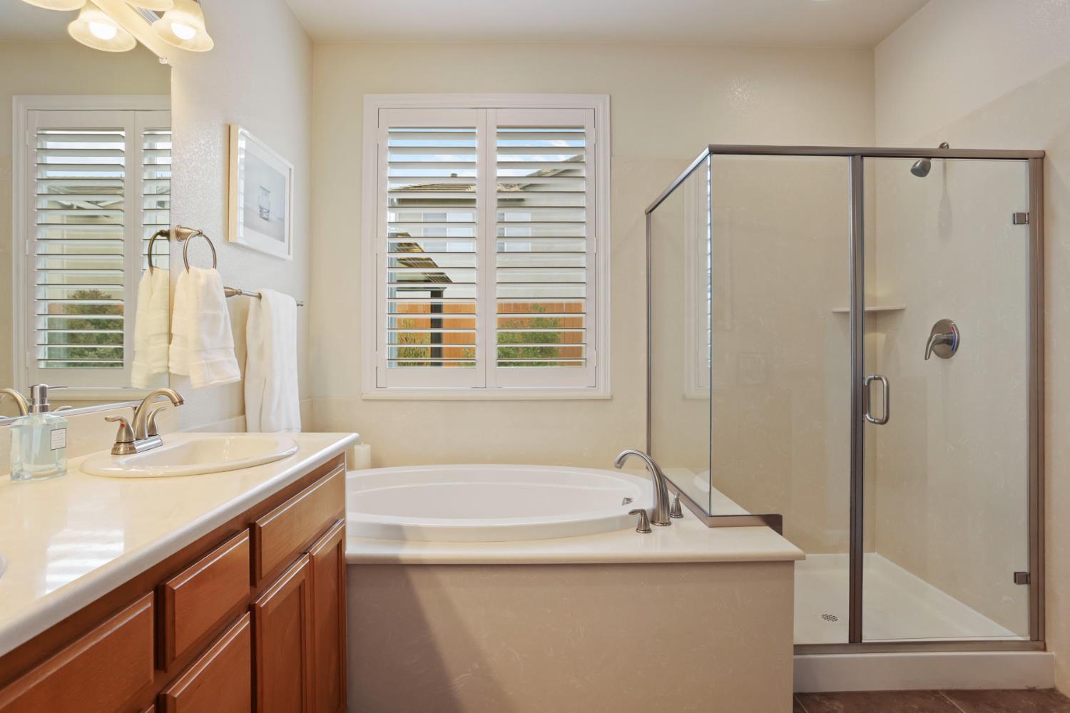 3828 Lookout Drive Modesto, CA 95355 - Photo 21 of 39 a bathroom with a sink a shower and a mirror